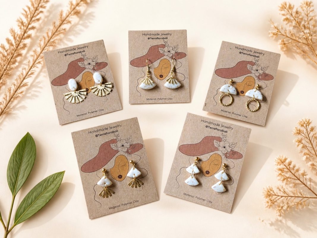 Five pairs of handmade polymer clay shell earrings with gold fan charms on kraft Terra Flora Bali cards